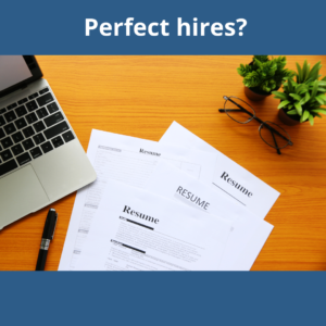 A photo of a stack of resumes next to a computer with the Caption "Perfect hires?"